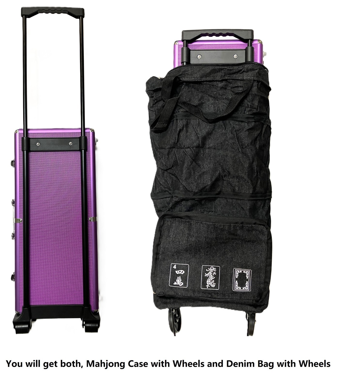 Mahjong Mahjongg EMPTY wheel Case 2 Trays for Tiles, Protective wheel Denim Bag