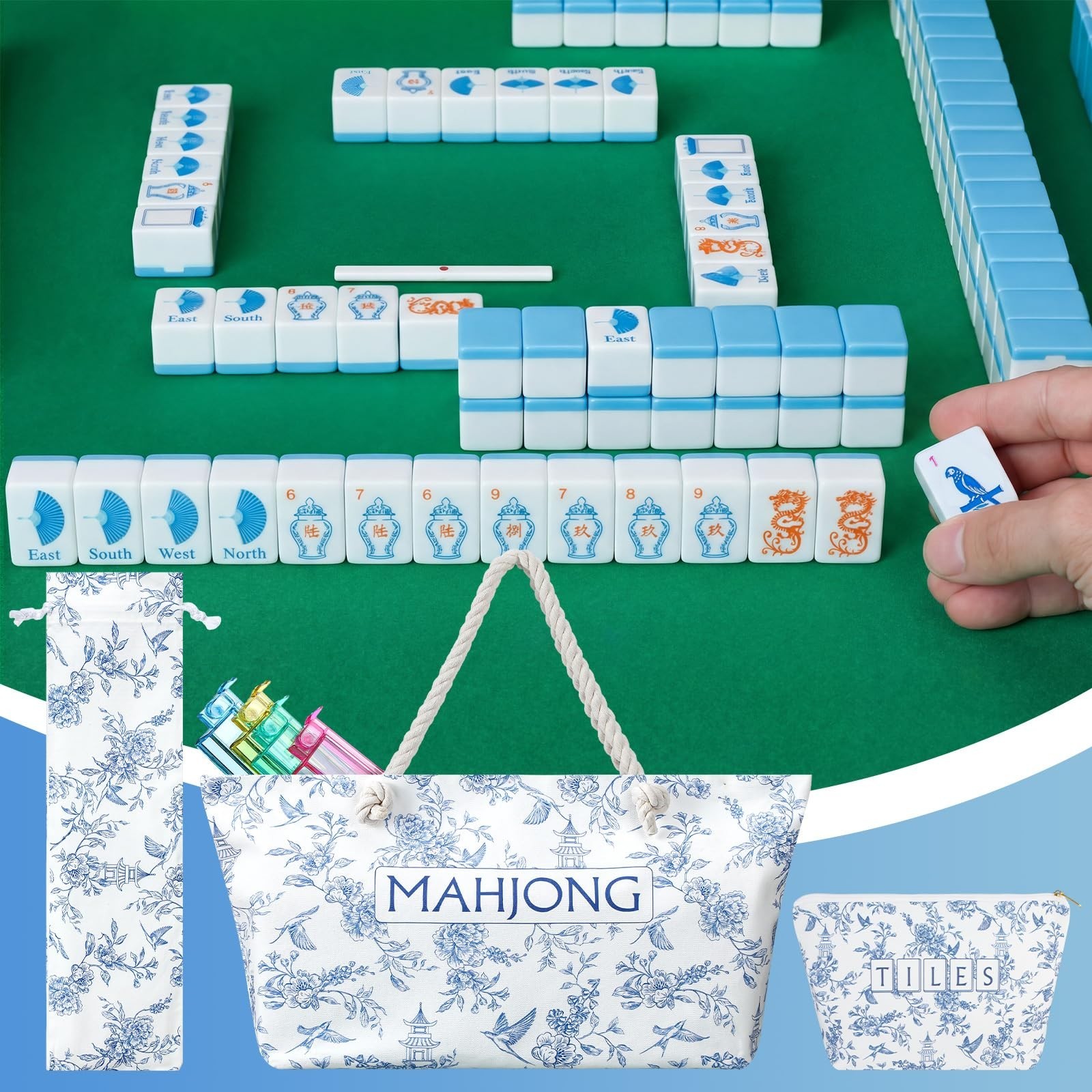 Ceenna 271 Pcs Chinoiserie American Mahjong Tiles Set, 160 Blue Tiles Mah Jon…