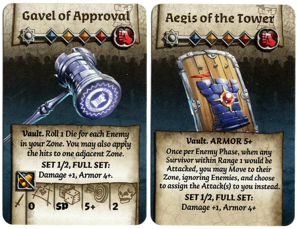 Zombicide Kickstarter Exclusive Weapons – Gavel of Approval & Aegis of Tower
