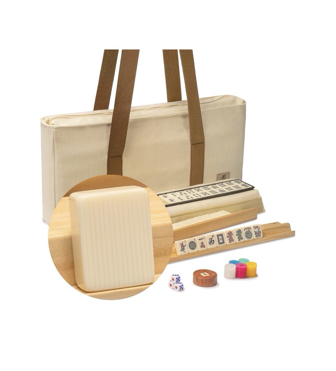 Yellow Mountain Imports American Mahjong Set Ivory Stripes 166 Tiles Beige Case