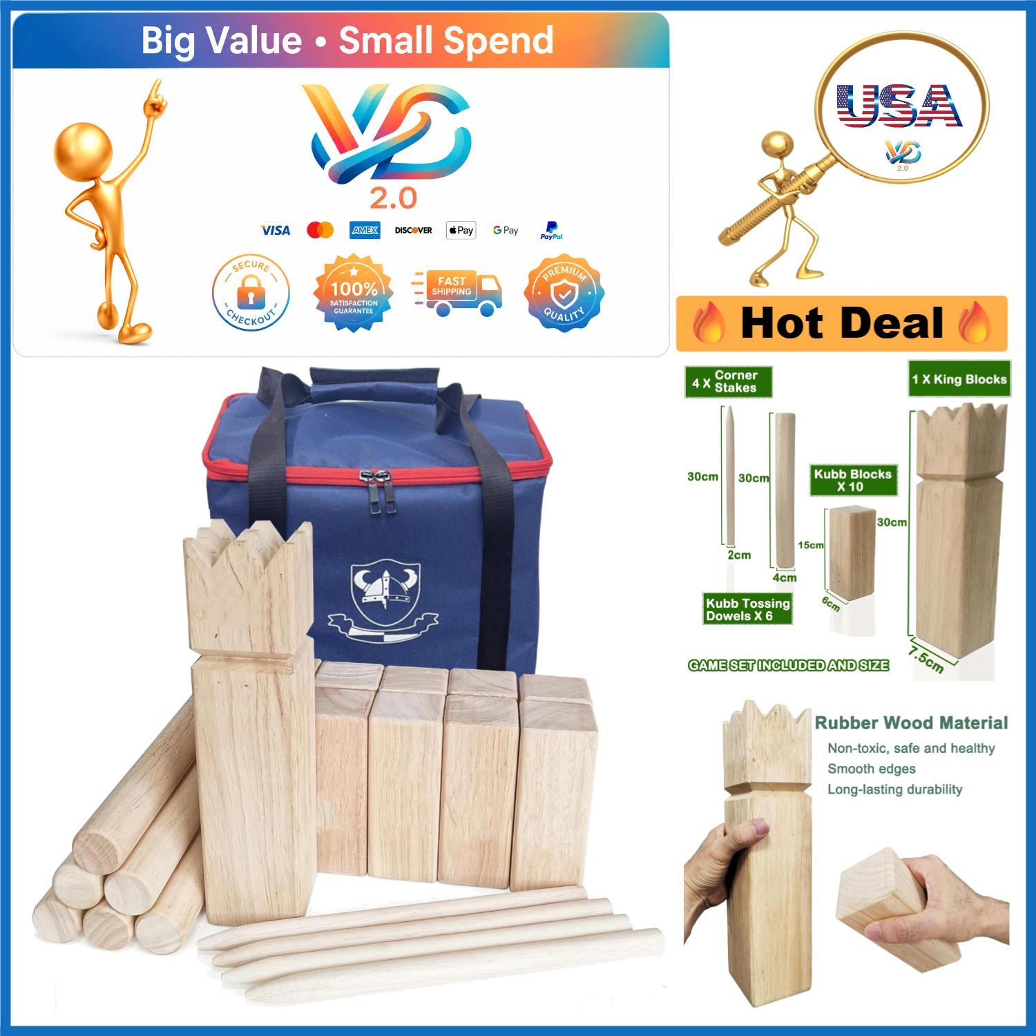 Kubb Game Set Rubberwood Viking Toss with Bag Outdoor Family Fun