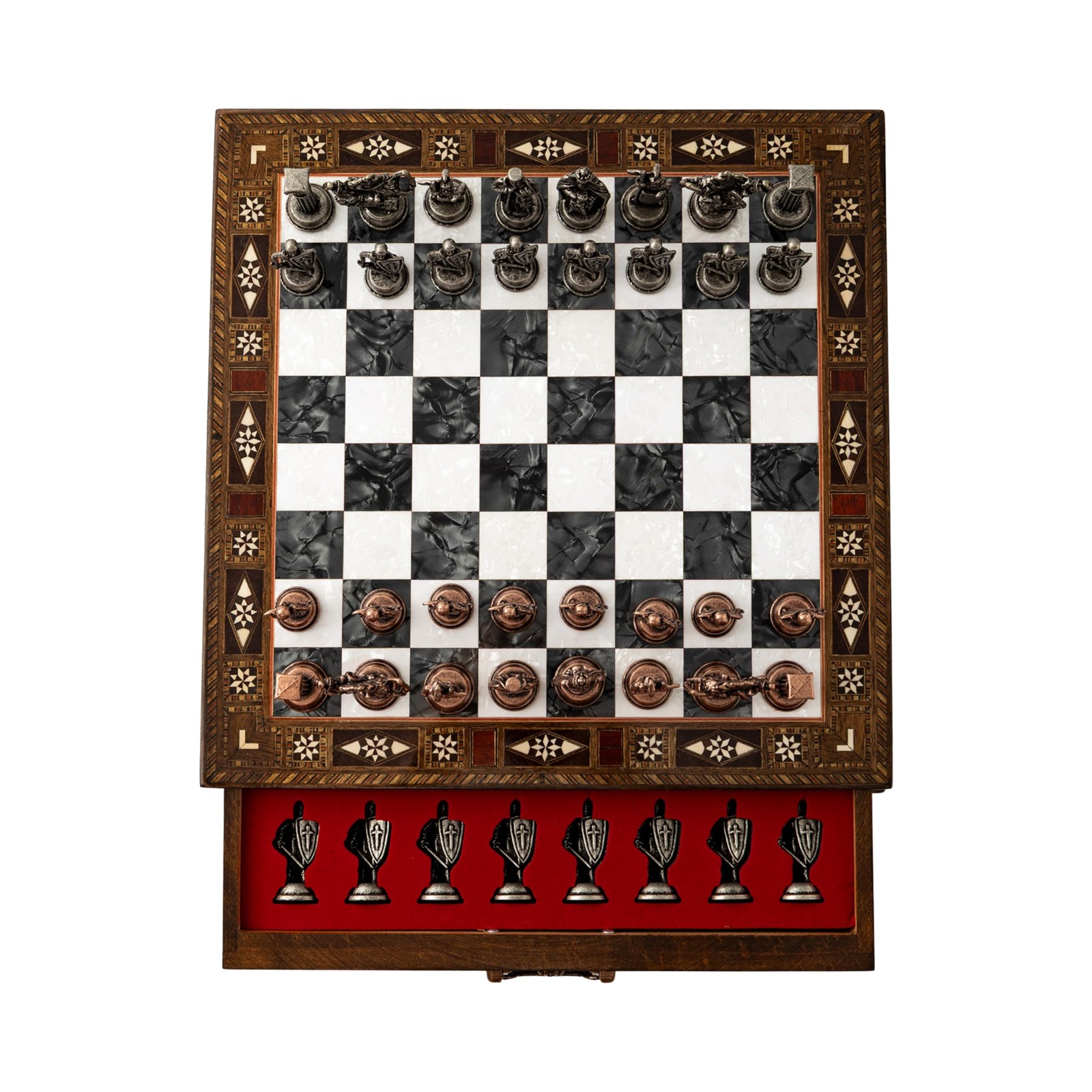 Wooden Chess Set 15 Inch Handmade British Army Metal Pieces Black Luxury Storage