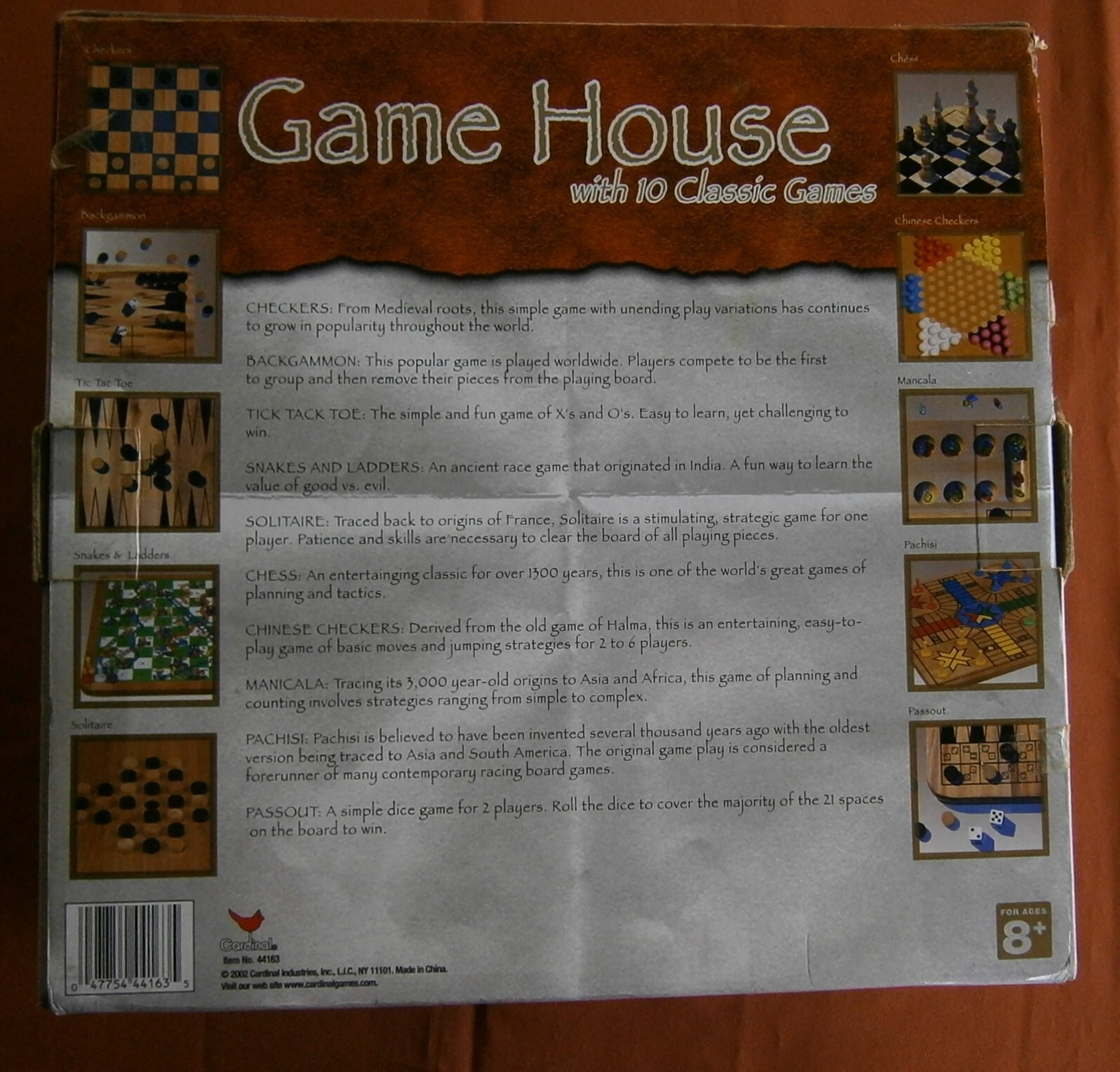 2002 Cardinal GAME HOUSE 10 Games WOOD Boards & Box Chess Checkers Pachisi Snake