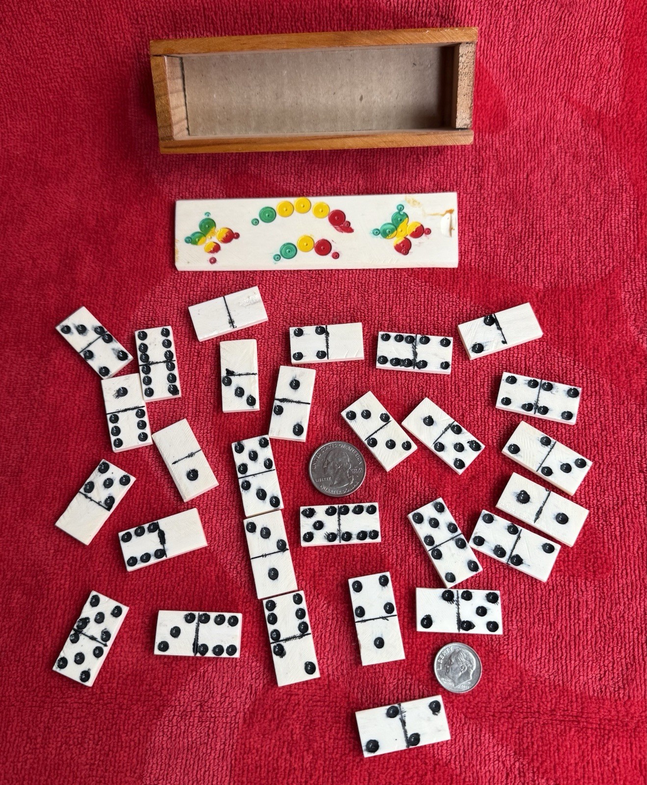 Vintage Miniature Domino Travel Tile Mini Game 28 Bone tiles in Handmade Box