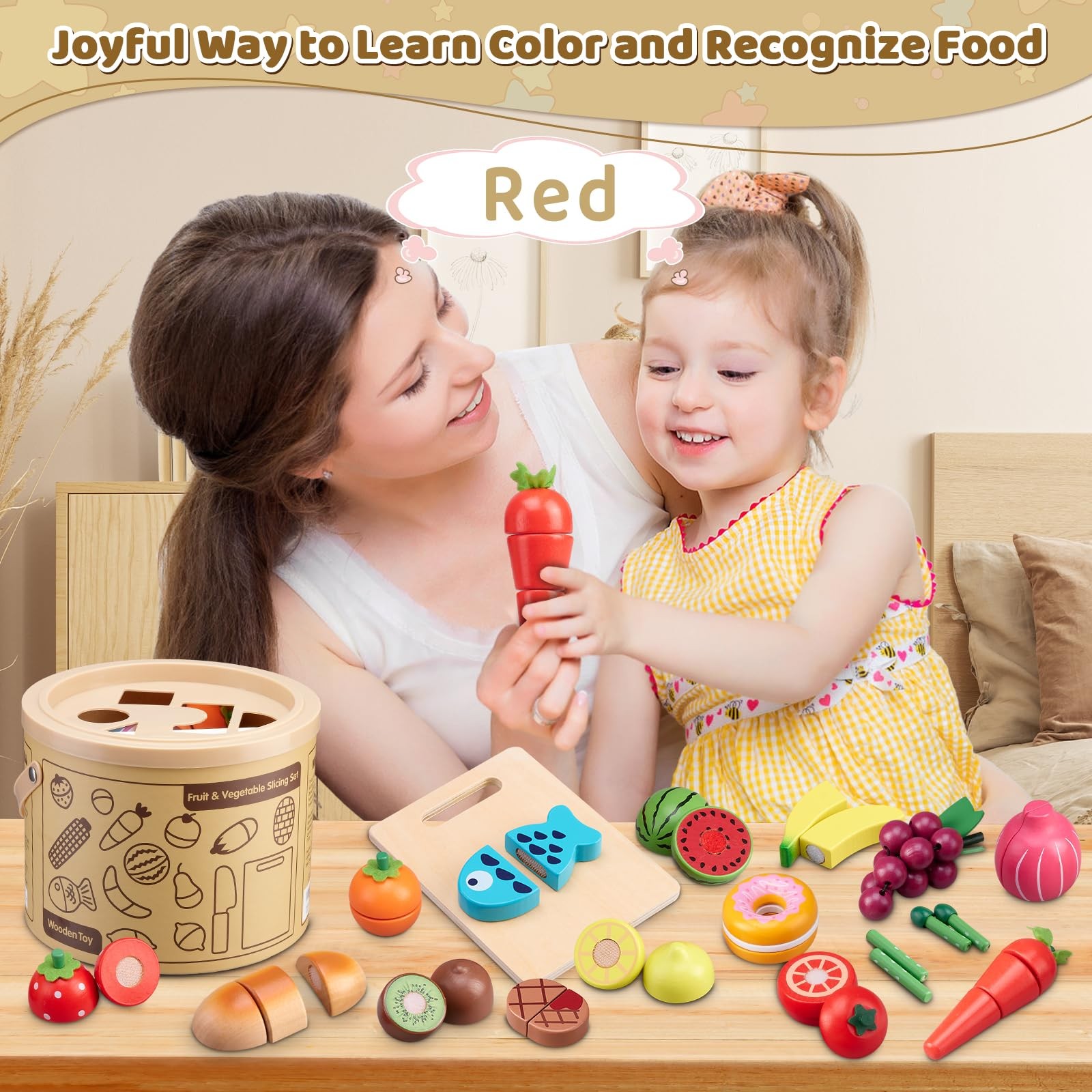 Wooden Play Food Set 45 Pcs Kids Kitchen Fruits Veggies Montessori Toy 3-6 Gift