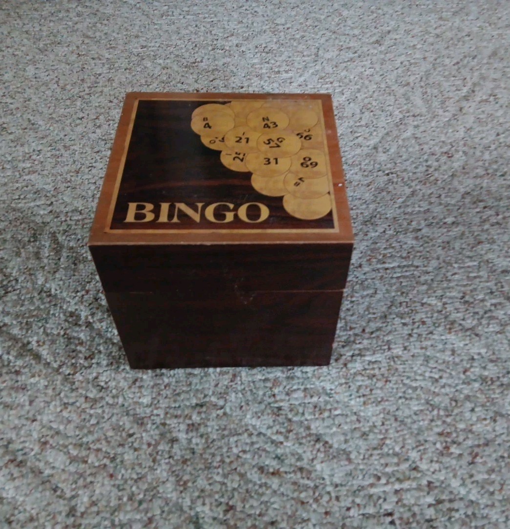 Bingo Set Wooden Case, Wood Master Board, Balls & Number Covers, Cards, Cage