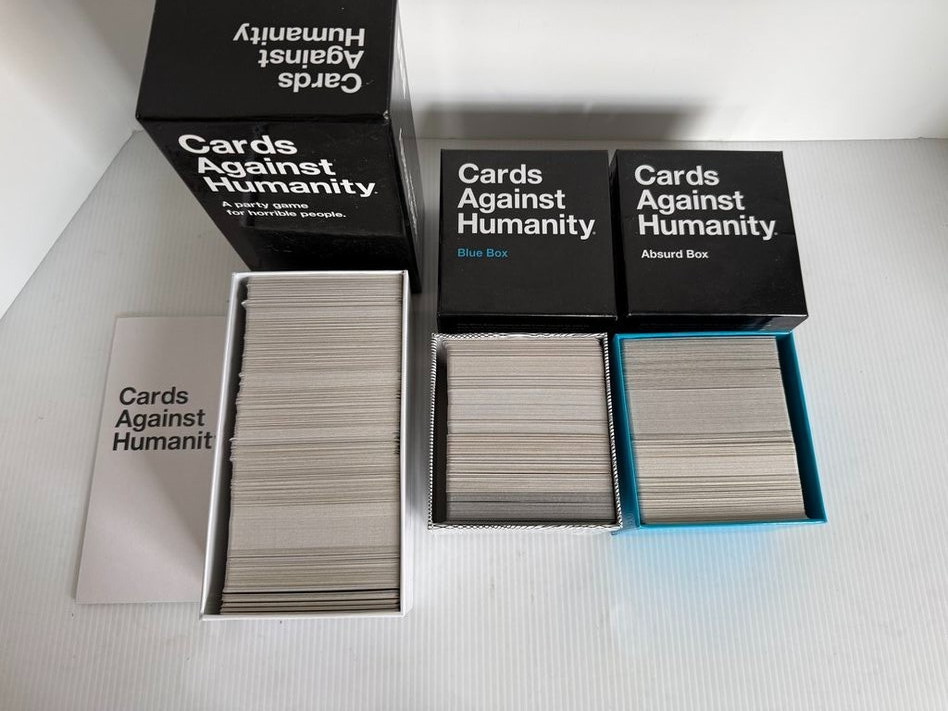 Lot of 3 Cards Against Humanity Playing Card Games Base Set, Absurd & Blue Box