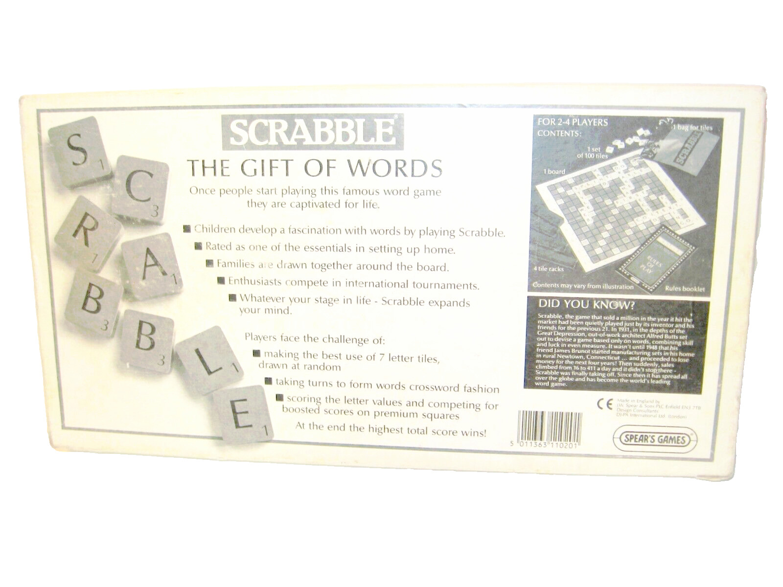 Vintage 1990 Spear’s Original Scrabble Word Board Game Made in England COMPLETE