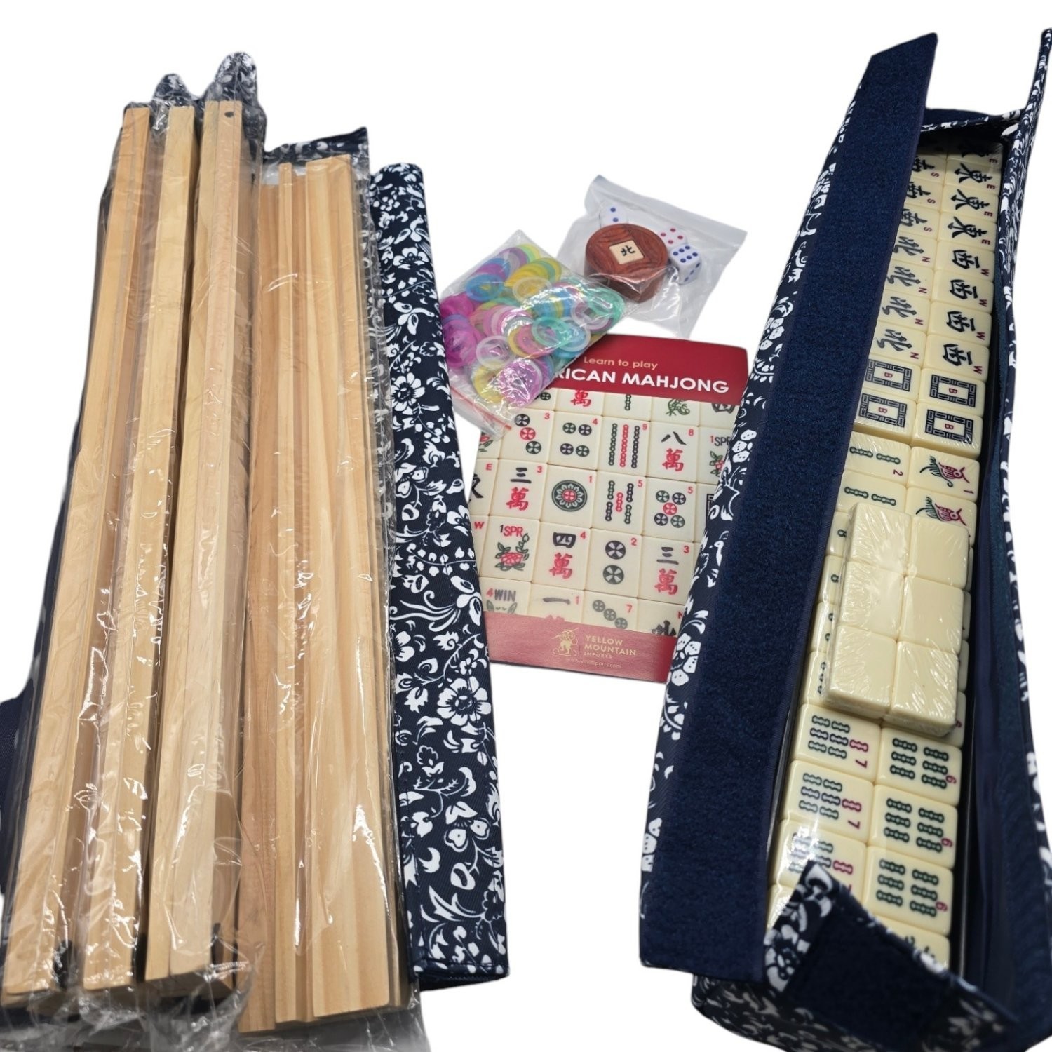 Yellow Mountain Imports American Mahjong Set Blue Calico Soft Case Racks Pushers