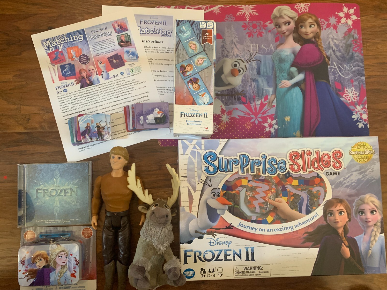 Frozen Lot:Surprise Slides+Match+Kristoff+SvenPlush+Elsa-Anna Tin+Dominos+CD+Mat