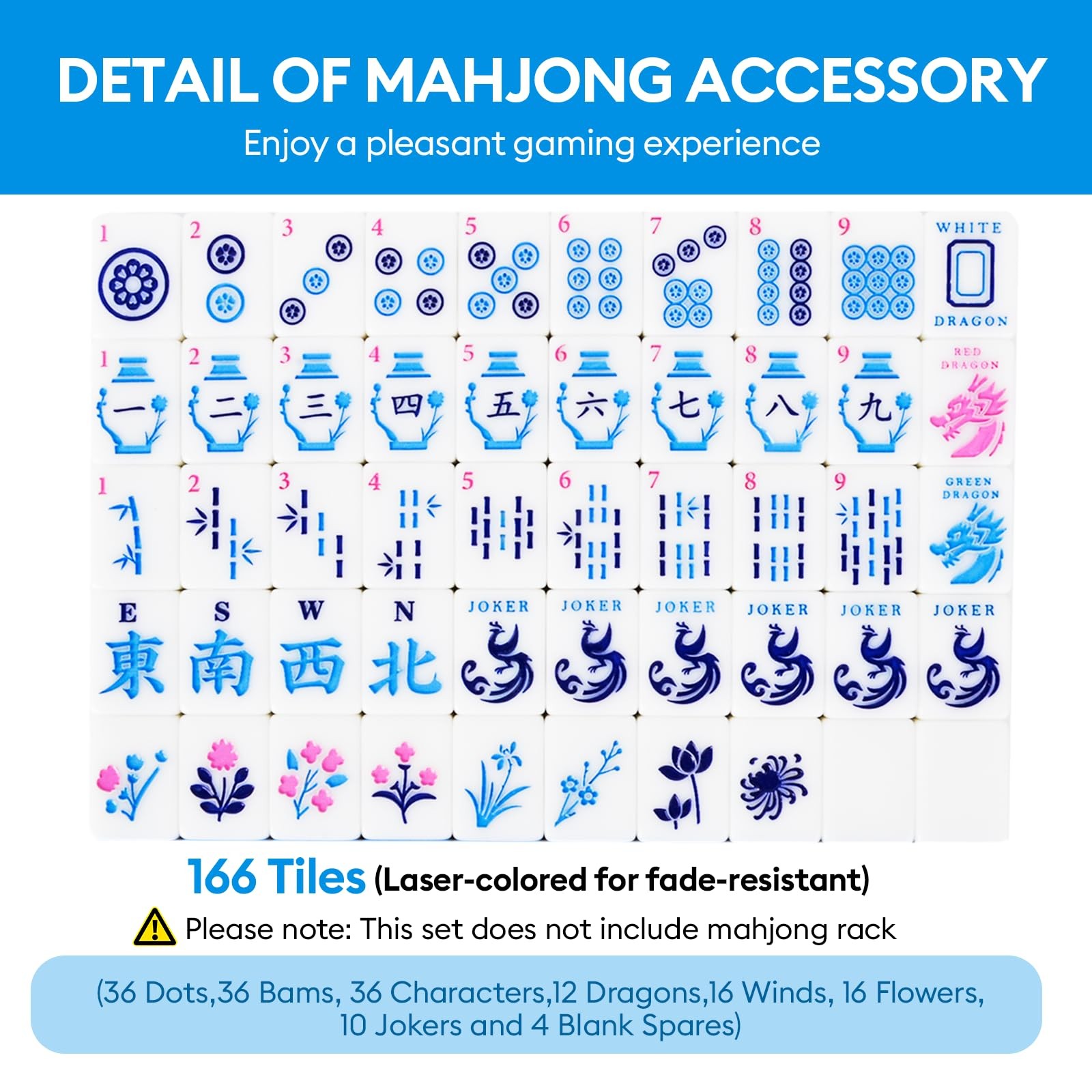 American Mahjong Tile(Only Tiles), 166 Quality Engraved Tiles Blue Backboard,…