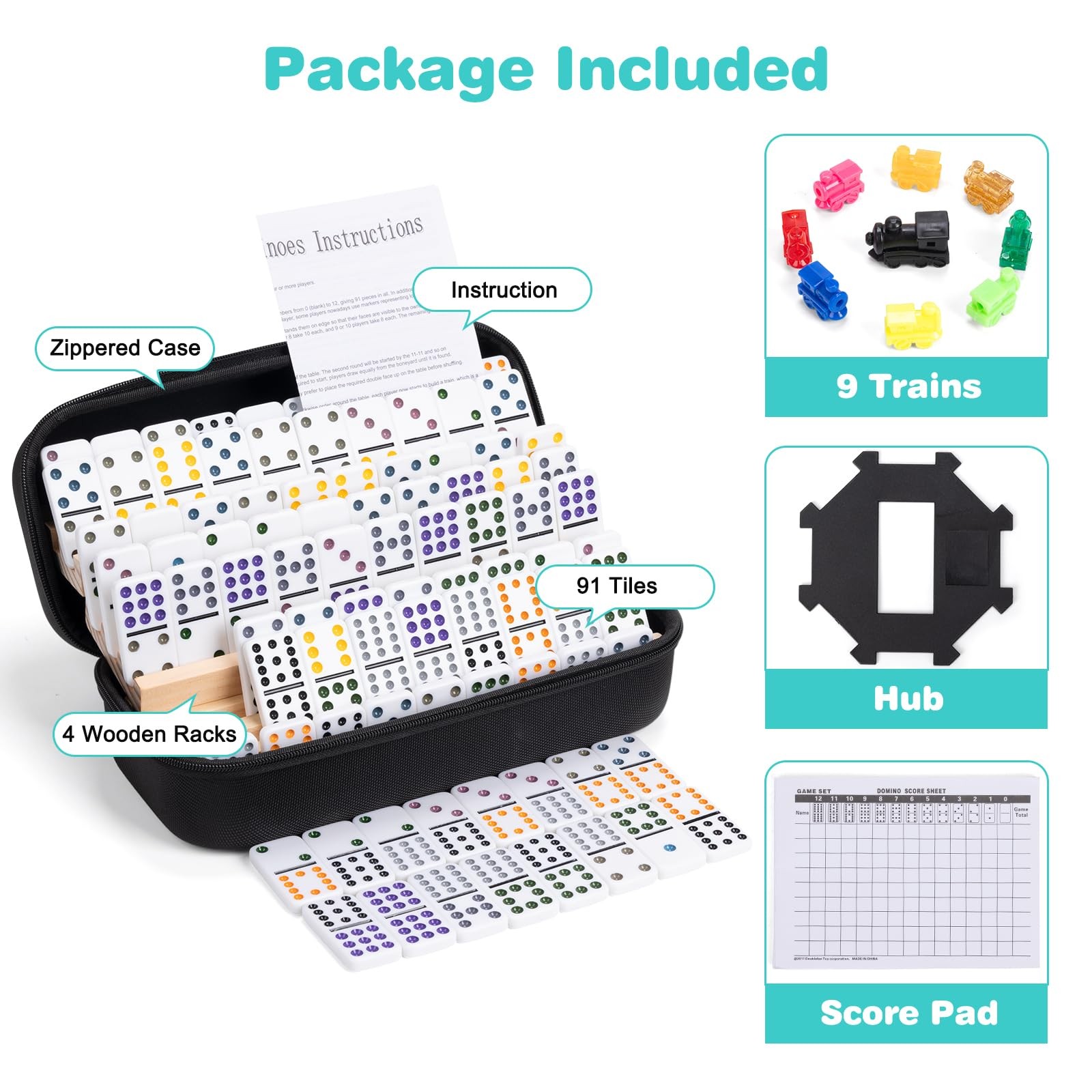 Mexican Train Dominoes Set with 4 Wooden Racks, Double 12 Dominos Game with 9…