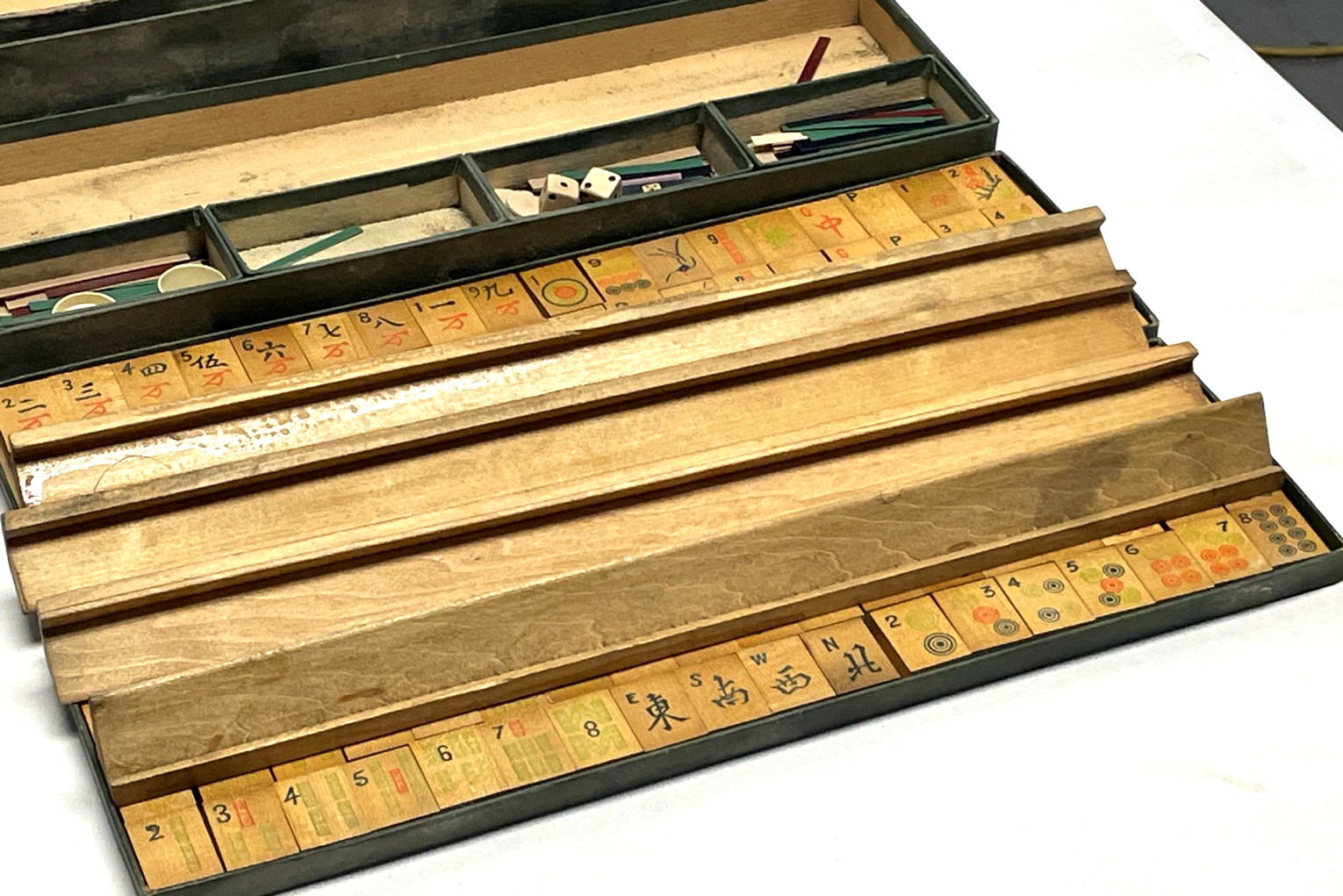 Antique 1920s Chinese Mahjong Set Wood Tiles Sticks & Original Box AsIs 144 Tile