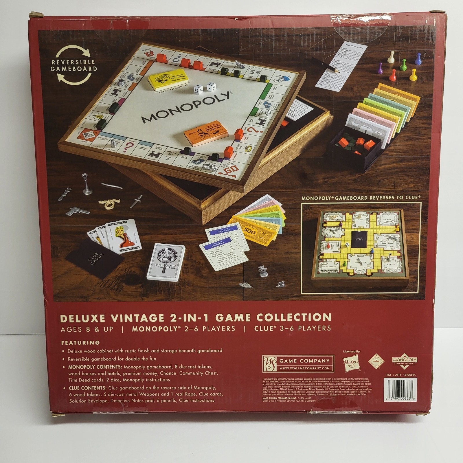 Monopoly & Clue Board Games Deluxe Vintage Ed. 2-in-1 Game Collection Wood Board