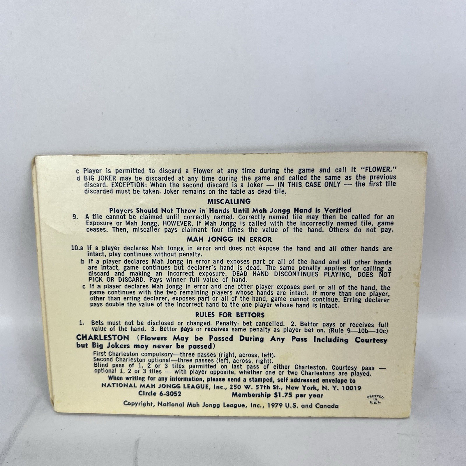 National Mah Jongg League Official Standard Hands And Rules Card 1979-80 42nd