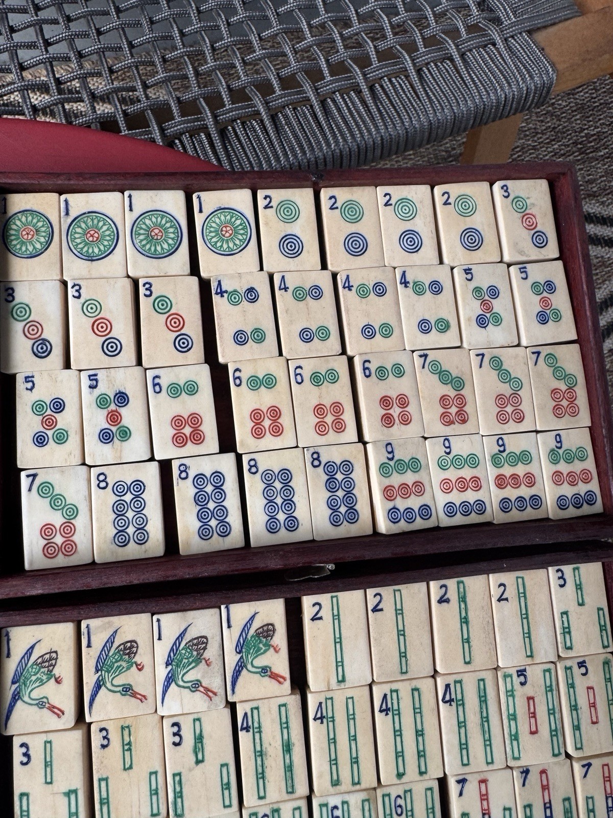 Antique Mahjong 5 Drawer Wood Box Set Bamboo Bone w/DICE/Tiles/Hand Colored