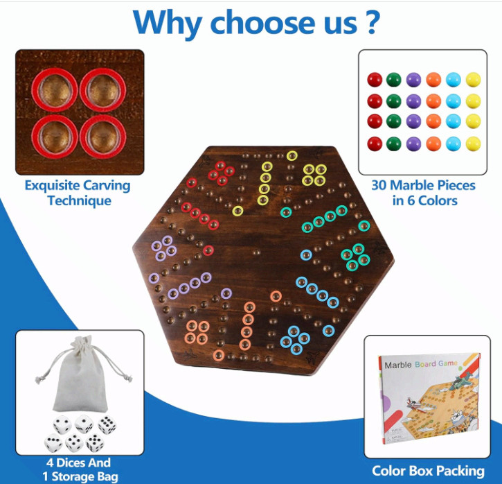 20″ Wood Wahoo Marble Board Game, 4-6 Players, 2-Sided, Rustic Brown