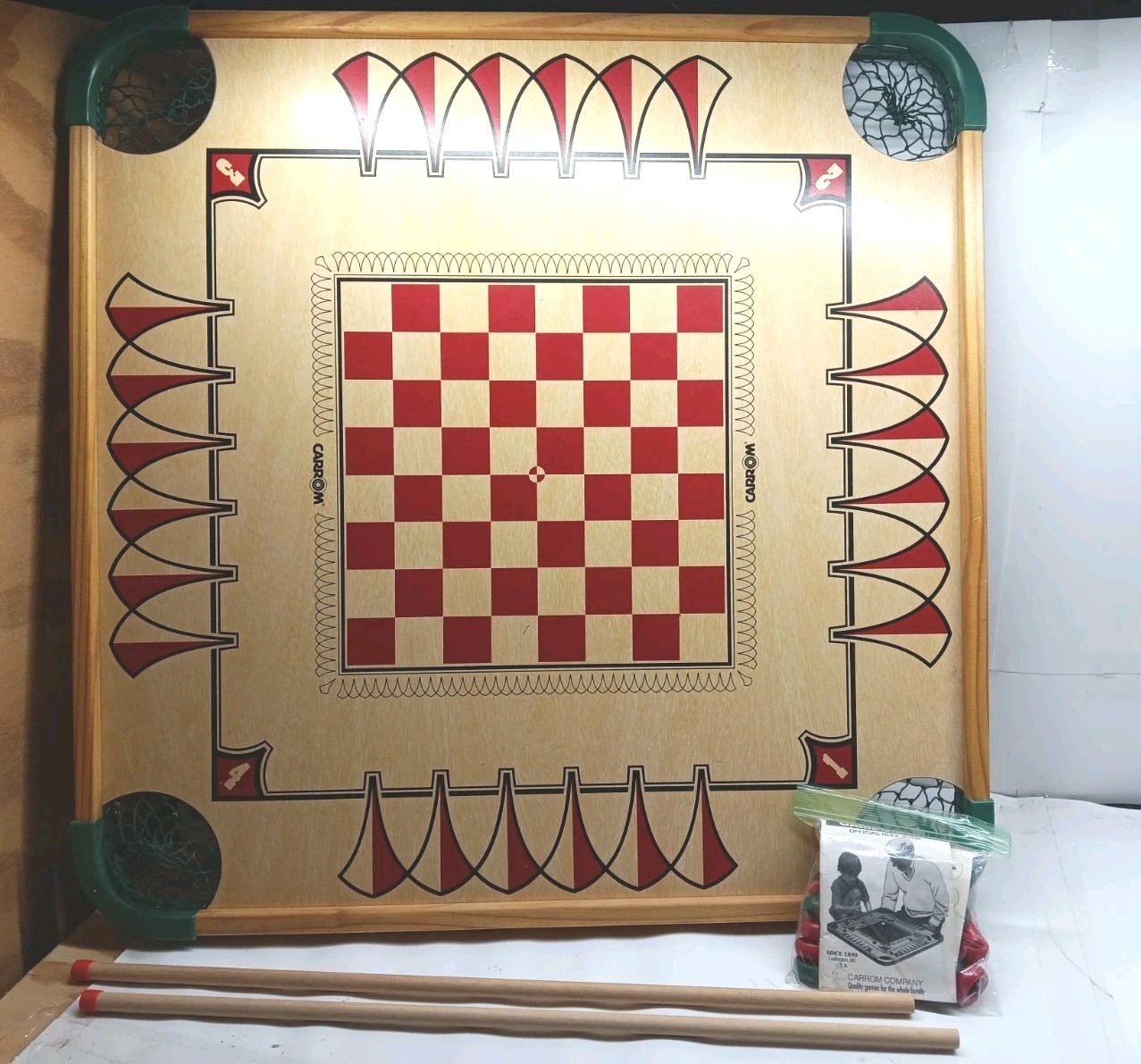 Vintage Carrom Double Sided Board With Pool Cues & Accessories