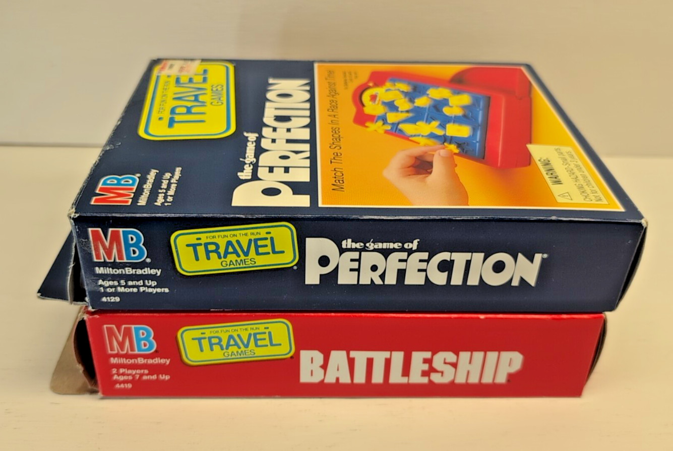 OPEN BOX! NEW! VINTAGE TRAVEL BOARD GAME 1990 PERFECTION & 1989 BATTLESHIP MB