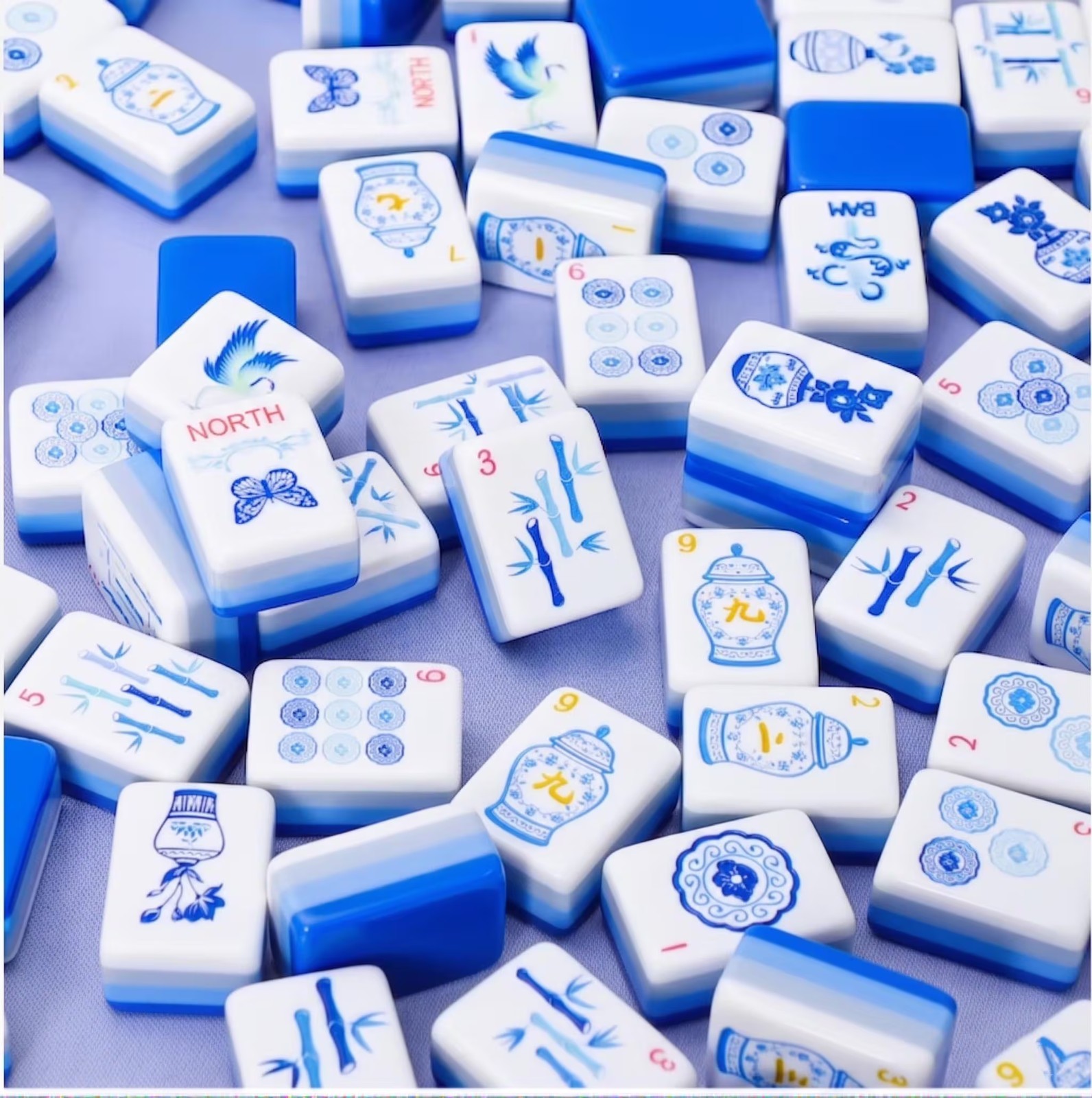 Blue and White Porcelain Chinoiserie Mahjong Tiles – 160 Acrylic Tiles