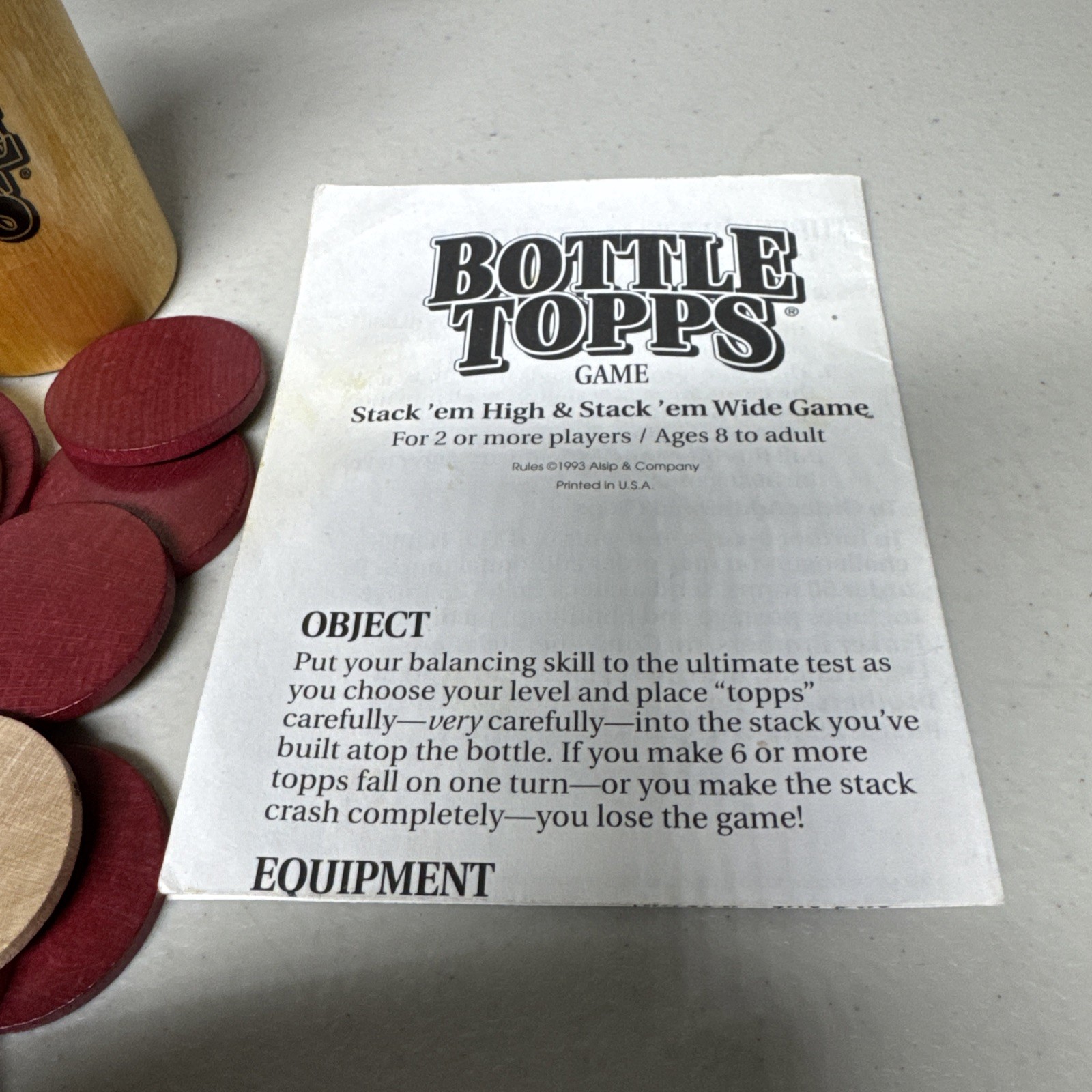 Parker Brothers Bottle Topps Game Real Wood Stacking Game 1993 Ages 8 & Up