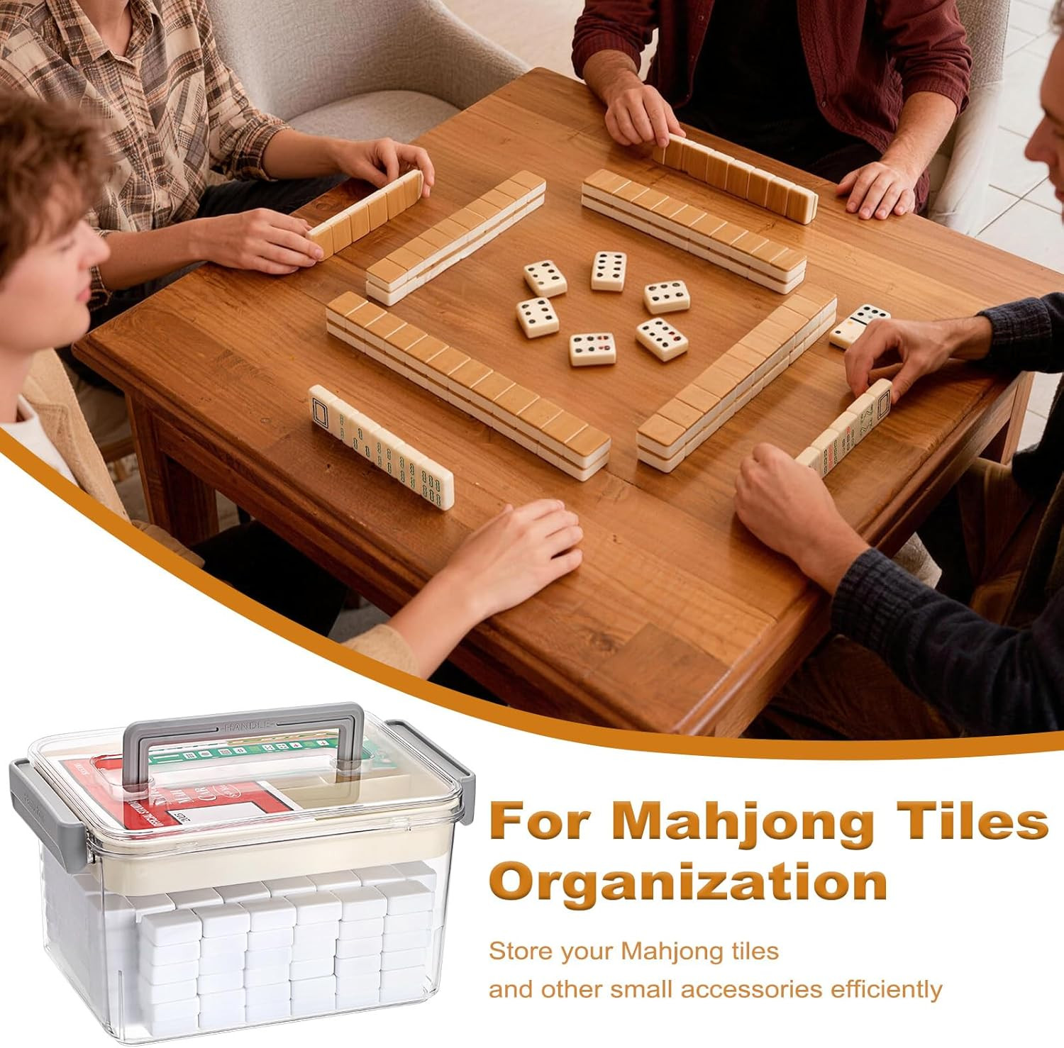 Empty Mahjong Tile Storage Box with Removable Tray, Holds 160-200 Tiles