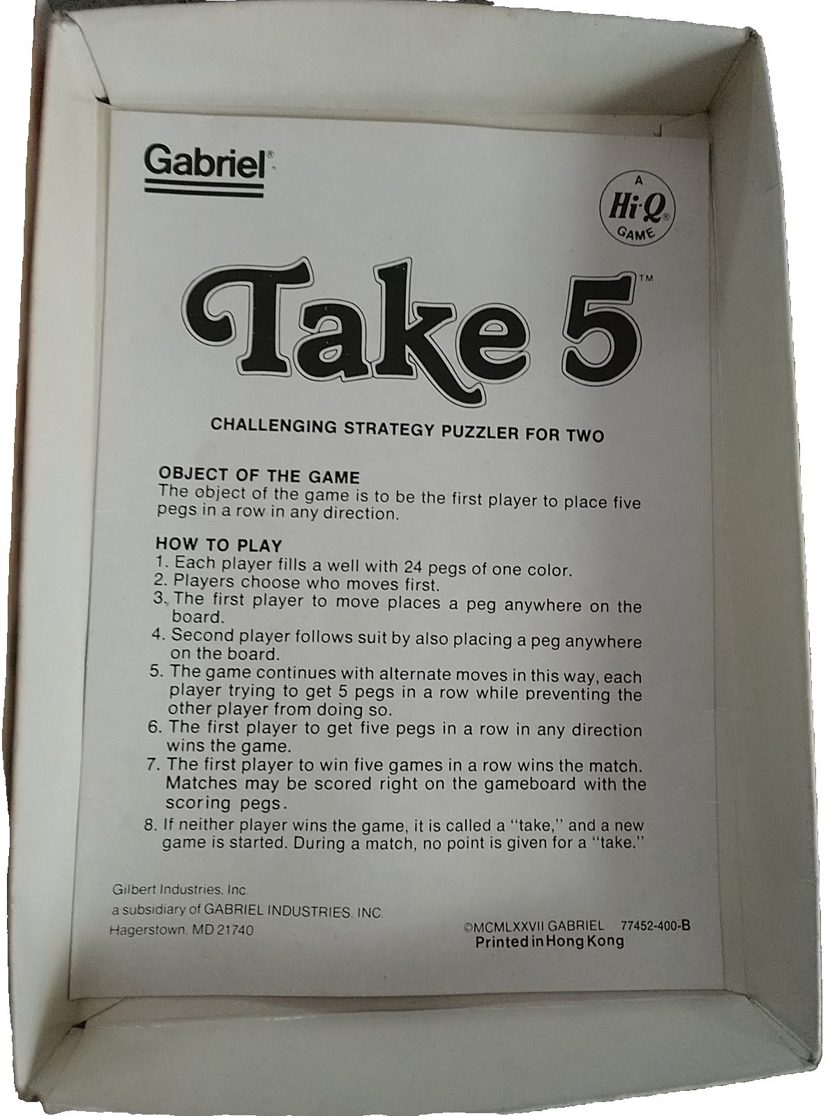 VINTAGE GABRIEL GILBERT INDUSTRIES TAKE 5 HI-Q PEG STRATEGY PUZZLE GAME 1977