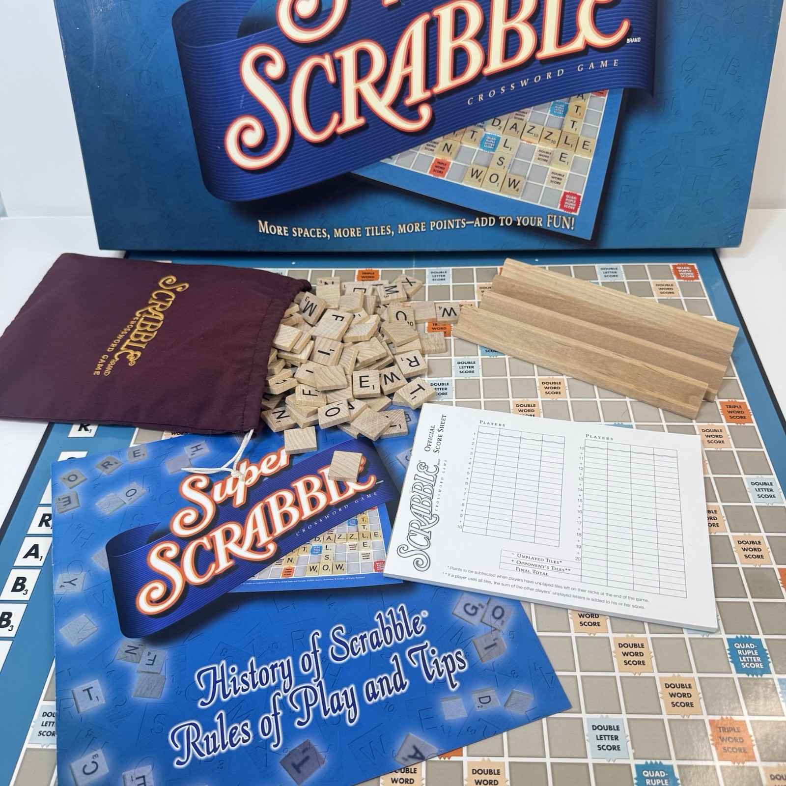 Super Scrabble Board Game by Hasbro – 2004 – 100% Complete with All 200 Tiles!