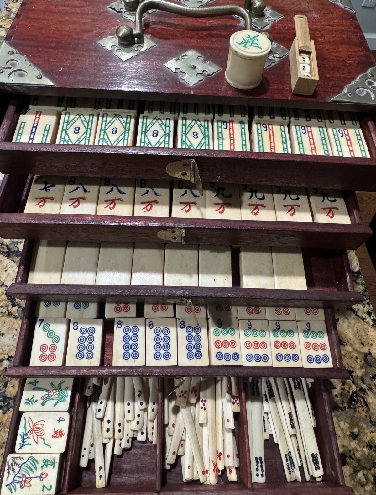 Antique Mahjong 5 Drawer Wood Box Set Bamboo Bone w/DICE/Tiles/Hand Colored