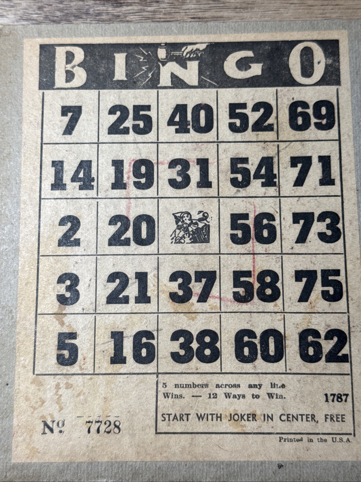 1930s Lg heavy Double BINGO Card Vtg Joker Center USA 12 Ways to Win