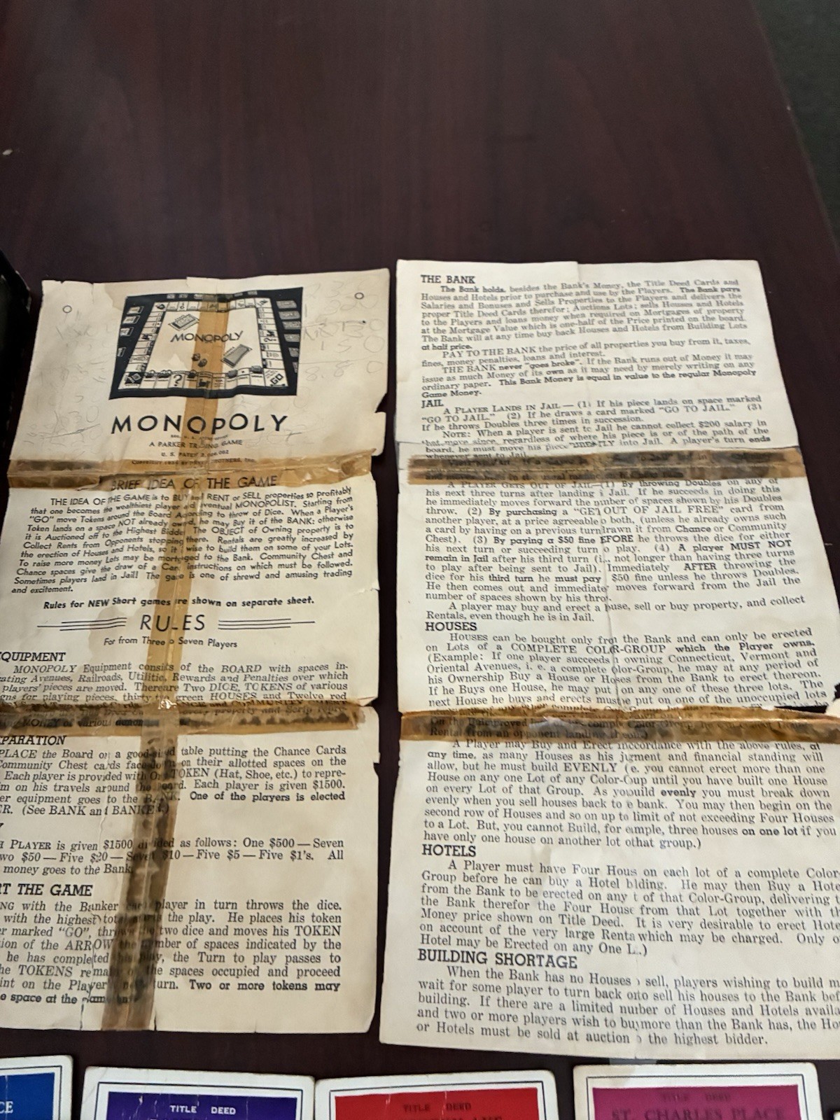 Vintage 1936 Monopoly Game Black Box Wood Houses Missing Pieces & Board. See Pic