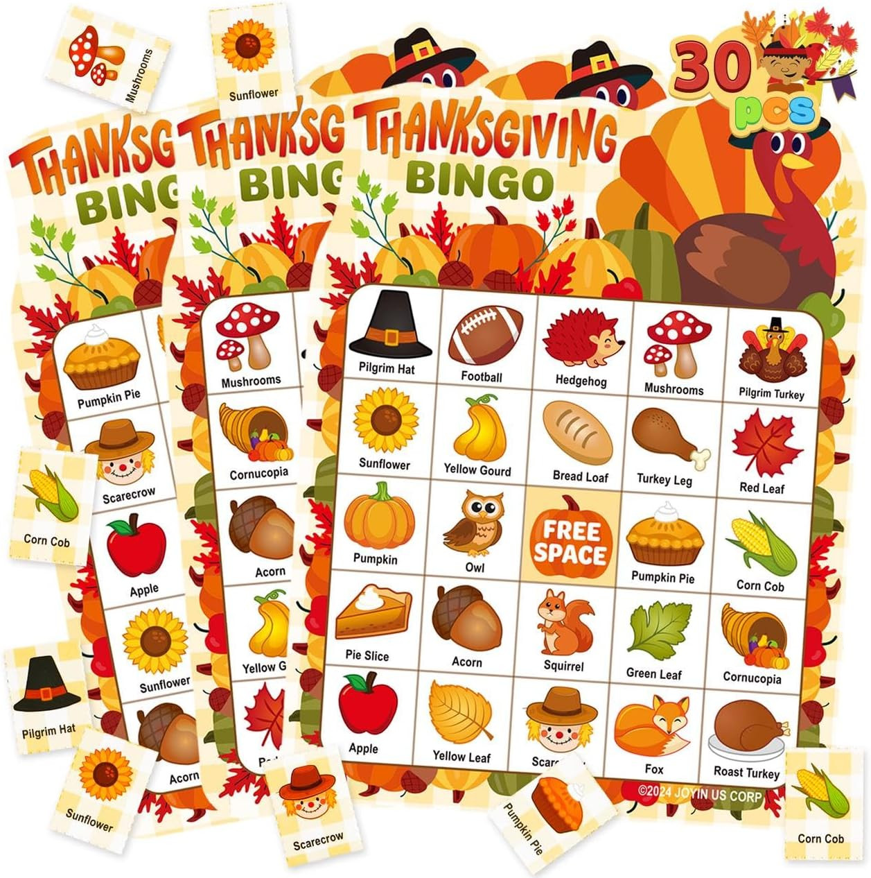 30 Pc Thanksgiving Bingo Game Cards Kids Family Party Classroom Activity