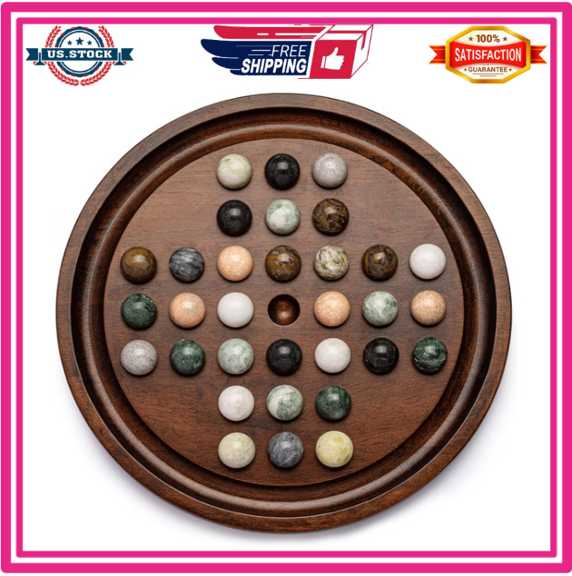 12.6” Wooden Solitaire Board Game Single Player Strategy with Marble Balls Set