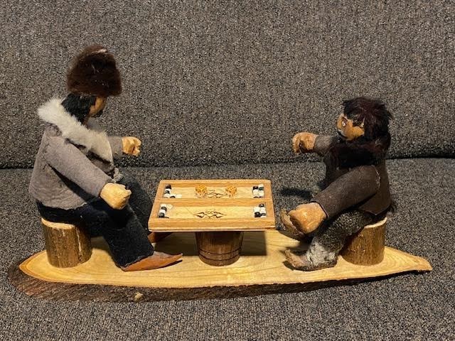 Handmade folk art wooden carved men playing backgammon vintage