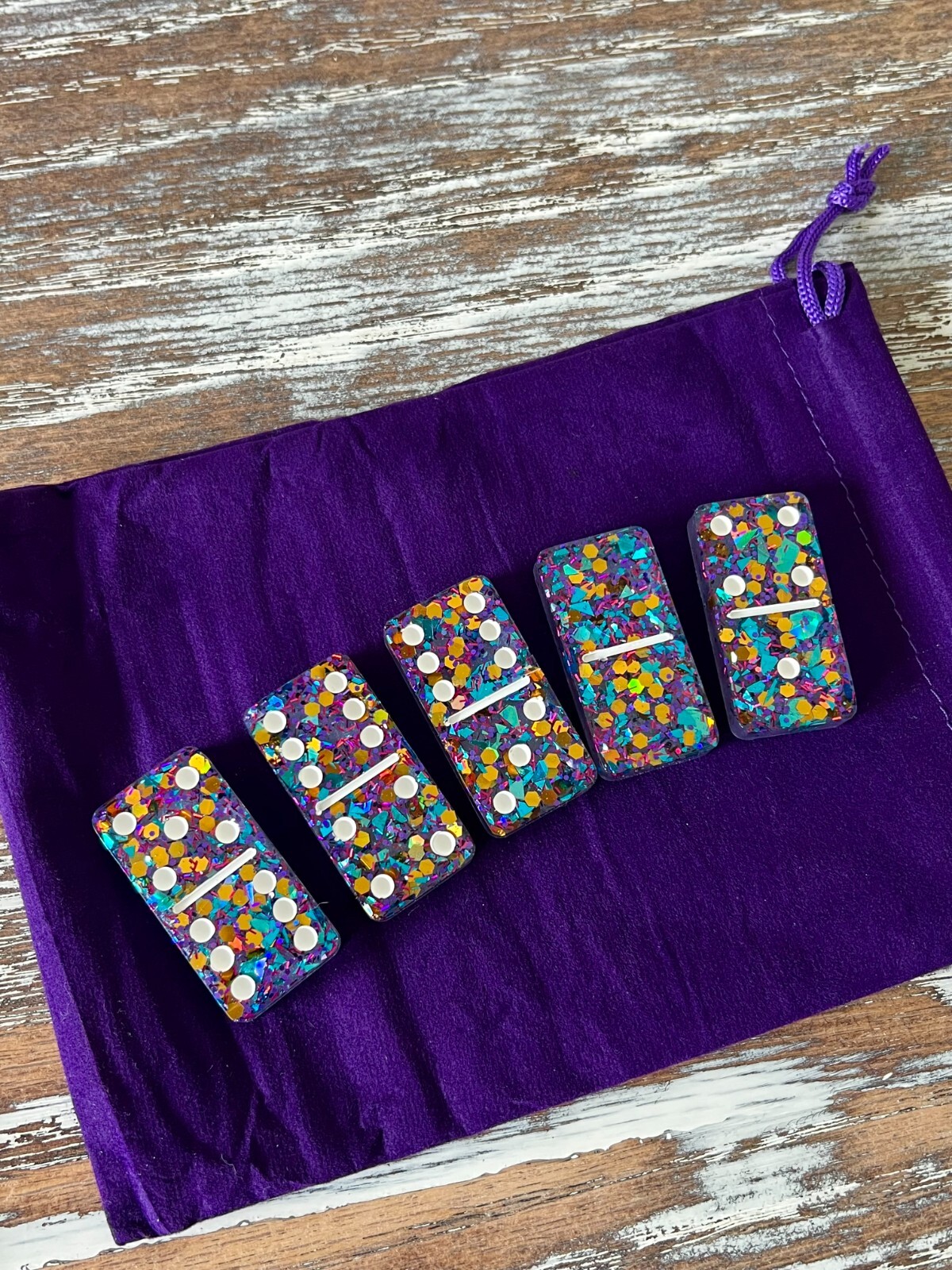 Dazzling Sparkle Glitter Resin Dominoes Game with Velvet Bag 28 pieces Glitter