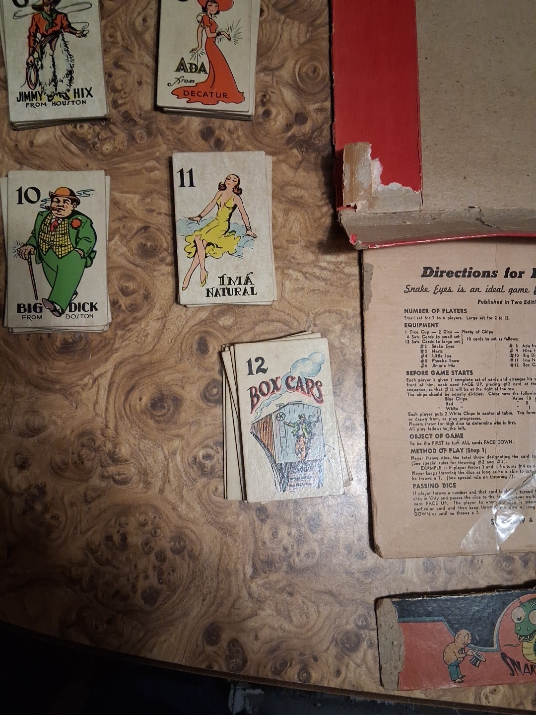 1930s SNAKE EYES 27 SELCHOW RIGHTER ALL CARDS PRESENT / 6 EACH NO CUP OR CHIPS