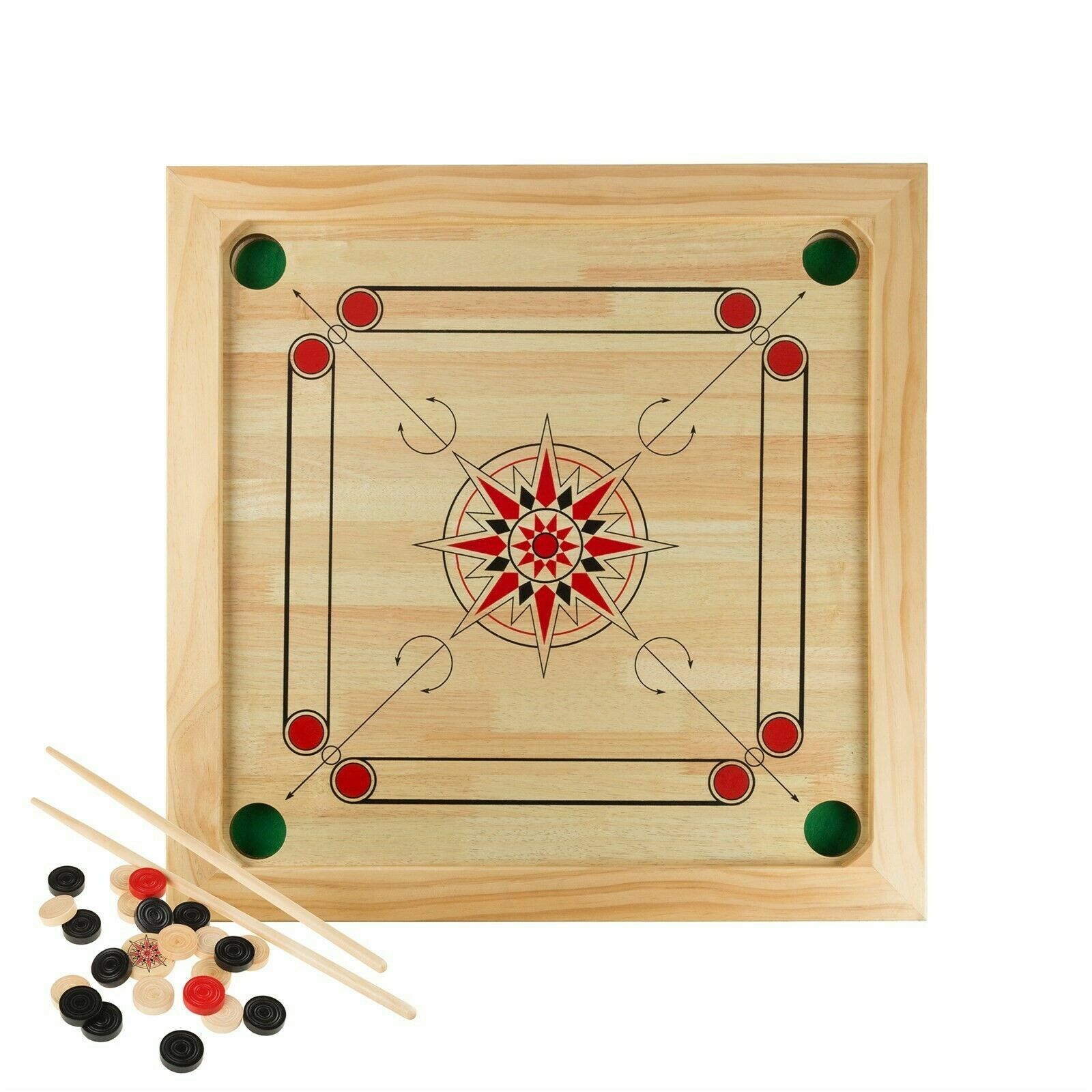 Wooden Carrom Board 26 x 26 Inch Strike and Pocket Game with Cue Sticks