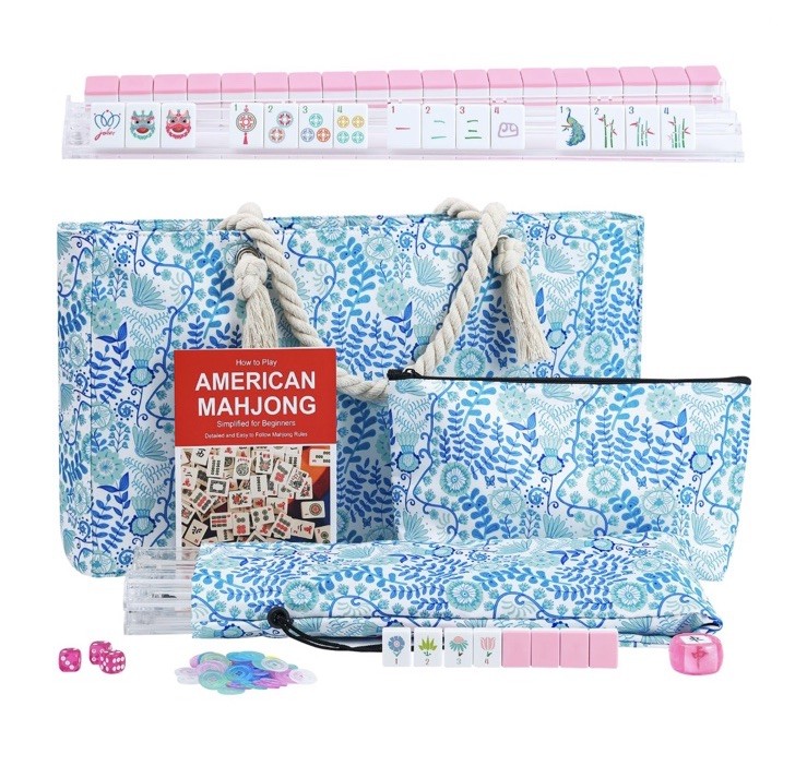 My Mahjong Trove American Mahjong Set Pink Tiles Blue Floral Tote Complete