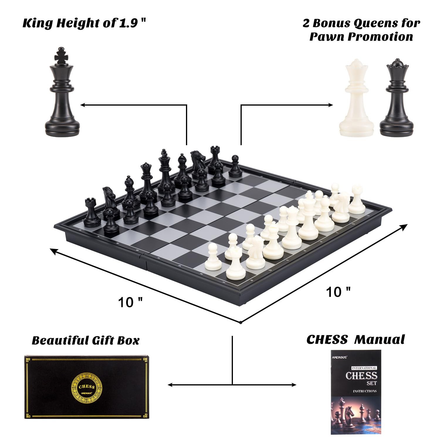 10 Inches Magnetic Travel Chess Set with Folding Chess Board – 2 Extra Queens…