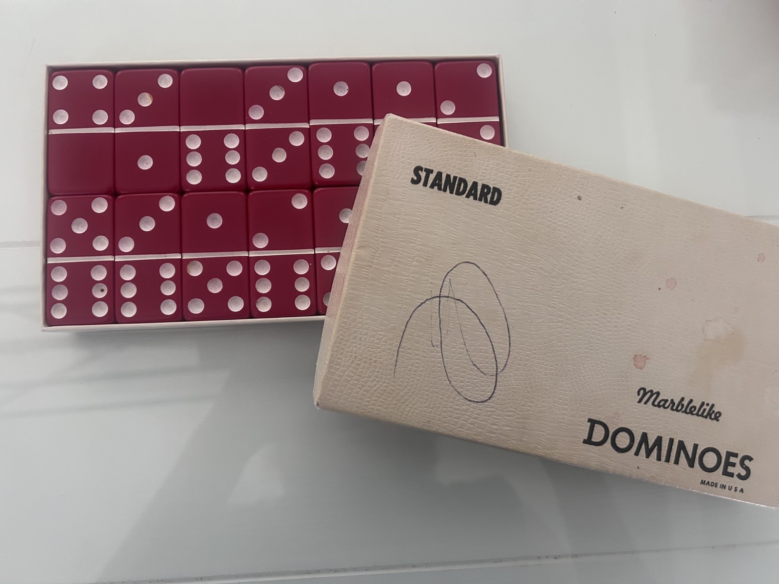Vintage Puremco Marblelike Dominoes #616 Red Standard Domino Set In Box