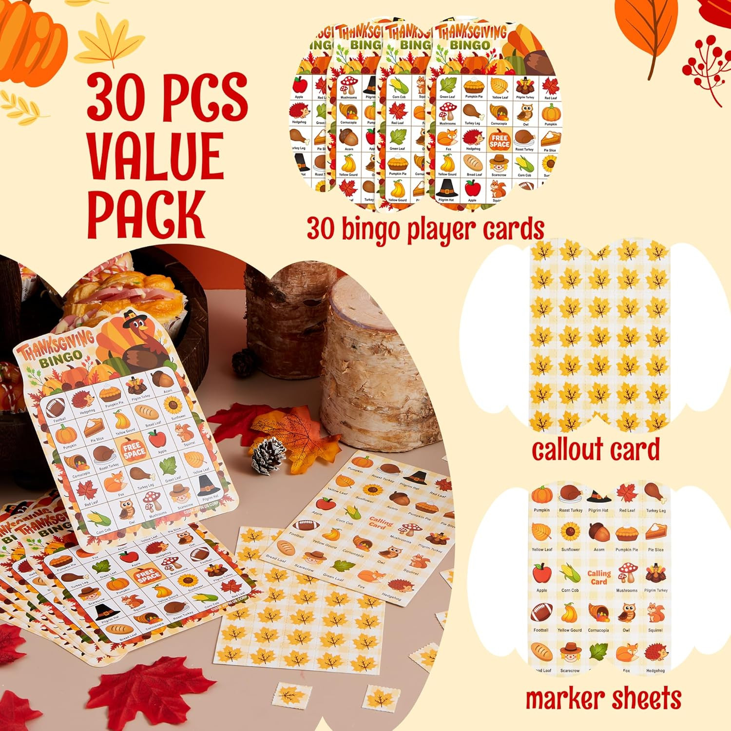 30 Pc Thanksgiving Bingo Game Cards Kids Family Party Classroom Activity