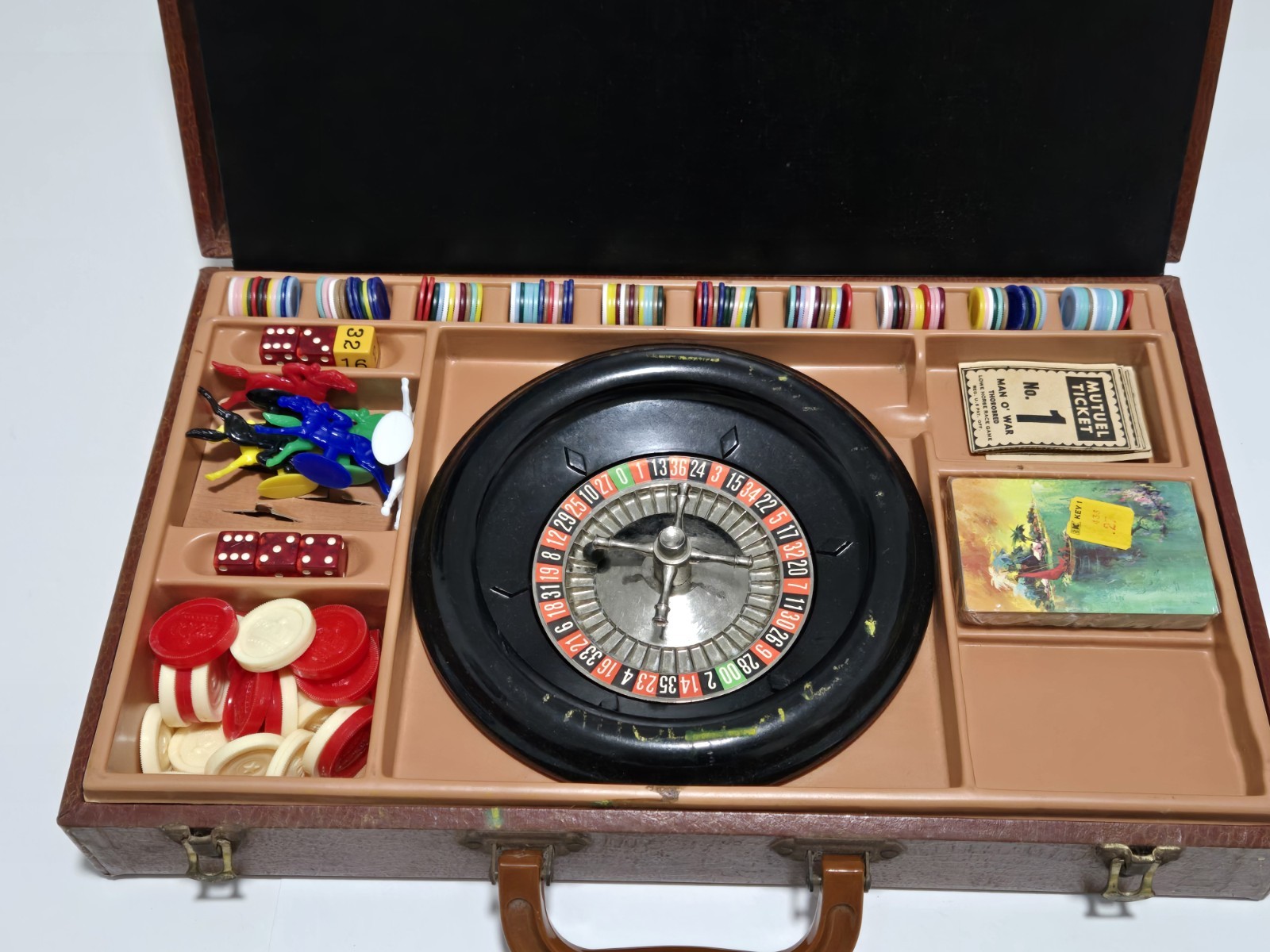 Vintage E.S. Lowe Multi Game Set In Briefcase Roulette, Horse Race, Cards, Dice