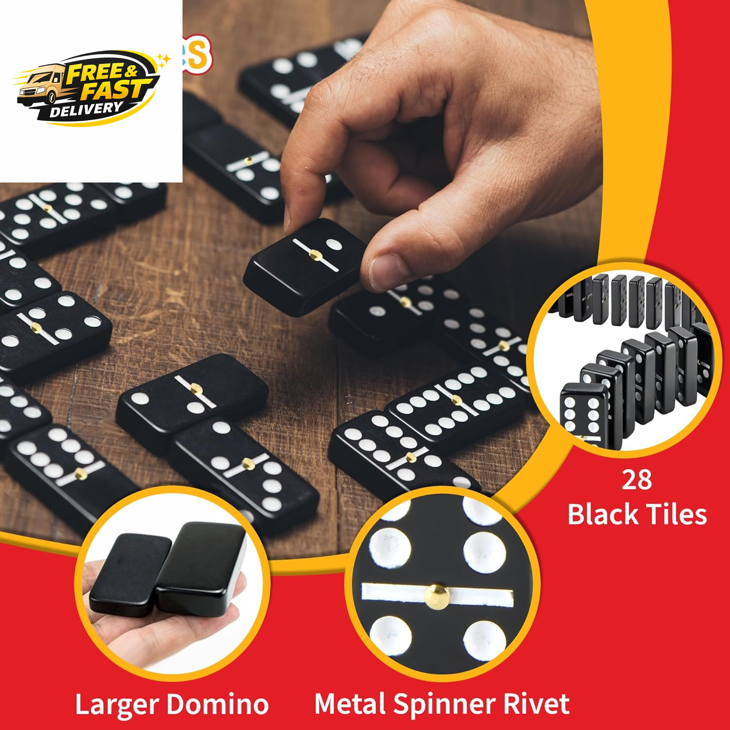 Jumbo Double Six Dominoes Set – 28 Black Classic Tiles in Faux Leather Case