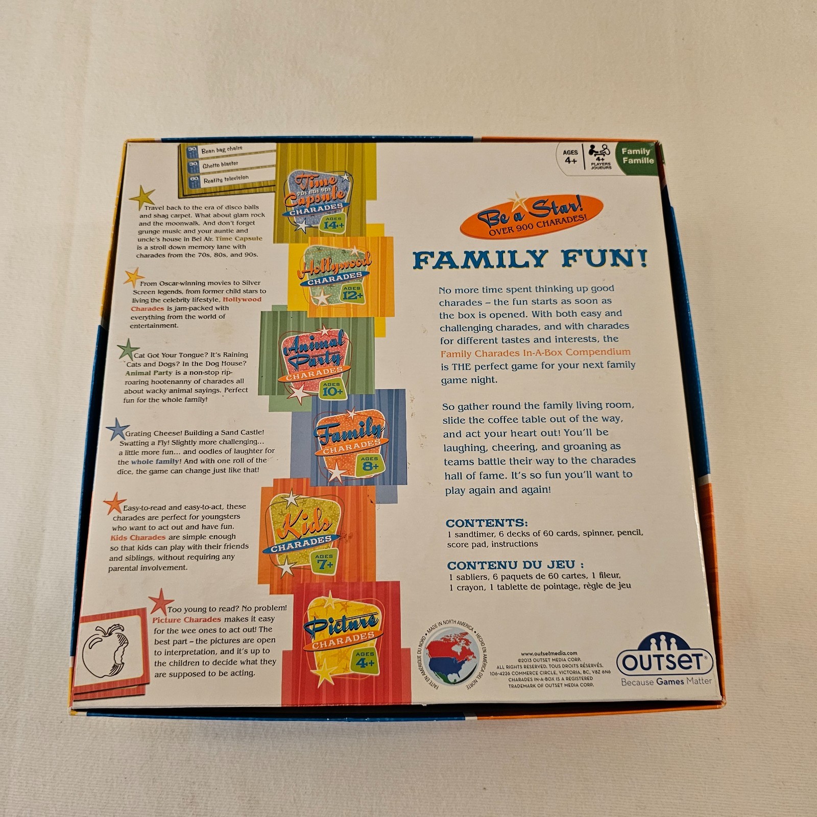 Family Charades in-a-box Category cards themes range from 4 years-14 years plus
