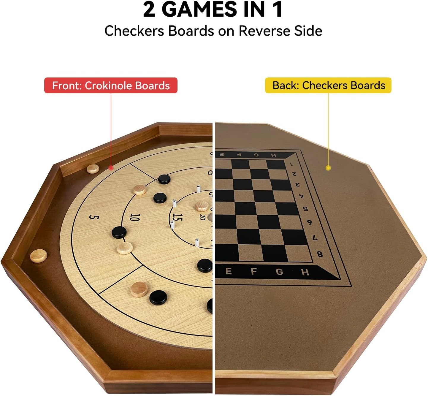 30 Inch Tournament Crokinole Board Game – 2 in 1 Checkers/-