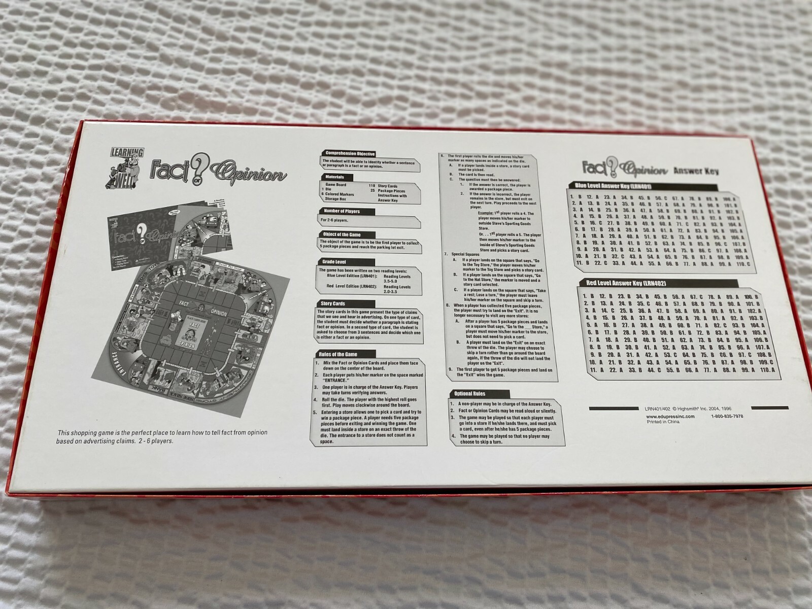 Fact Or Opinion Comprehension Board Game Kit Red Level Edition CGC Learning Well