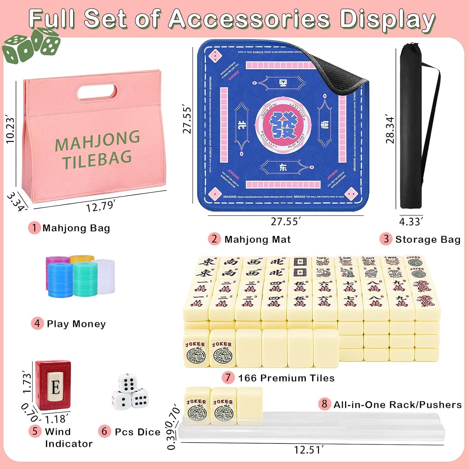American Mahjong Tiles Set, 166 White Tiles Game with Noise Reducing Mahjong Mat