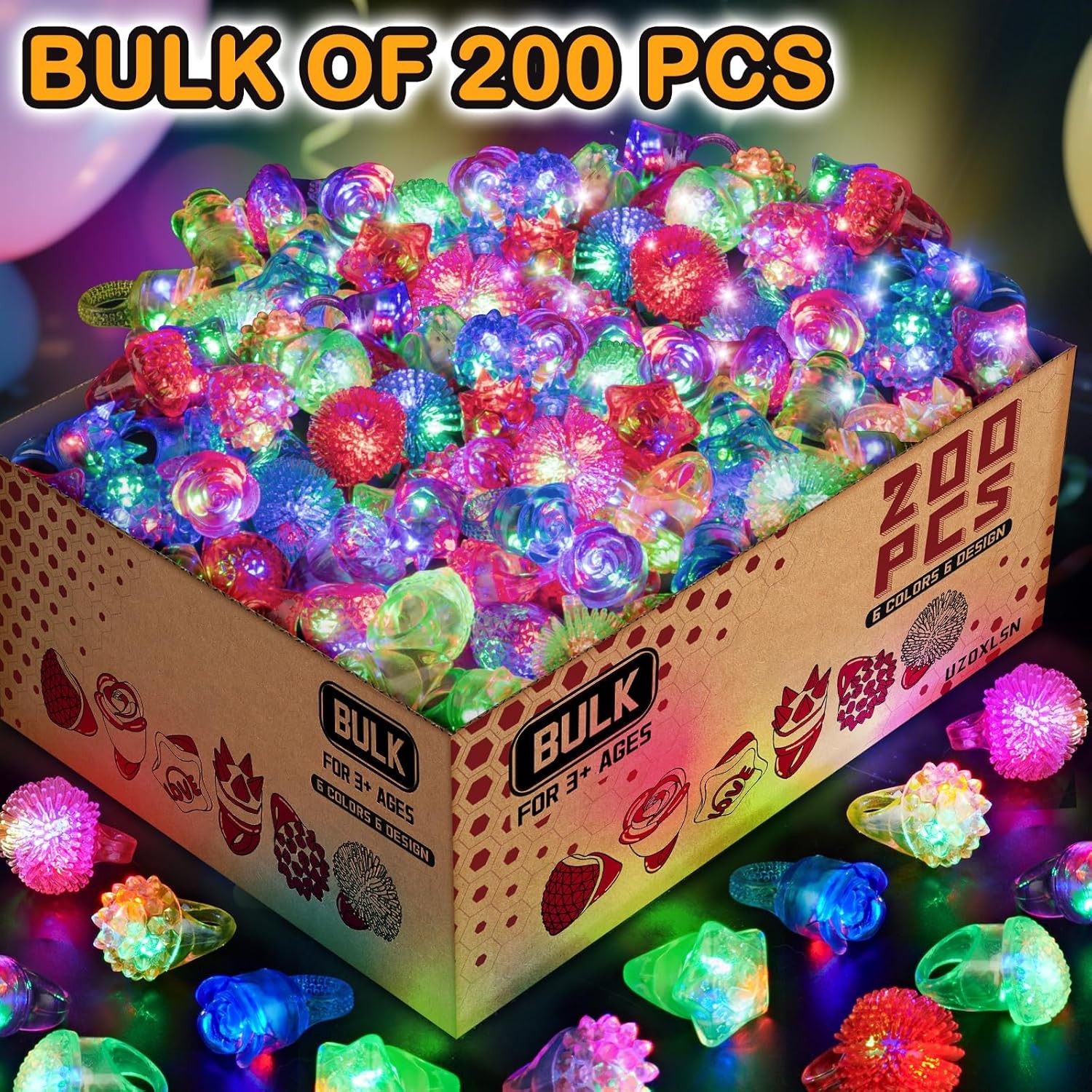 Glow Rings Multicolor Pack of 200 Led Bulk Party Supplies6 Light Kids Adults