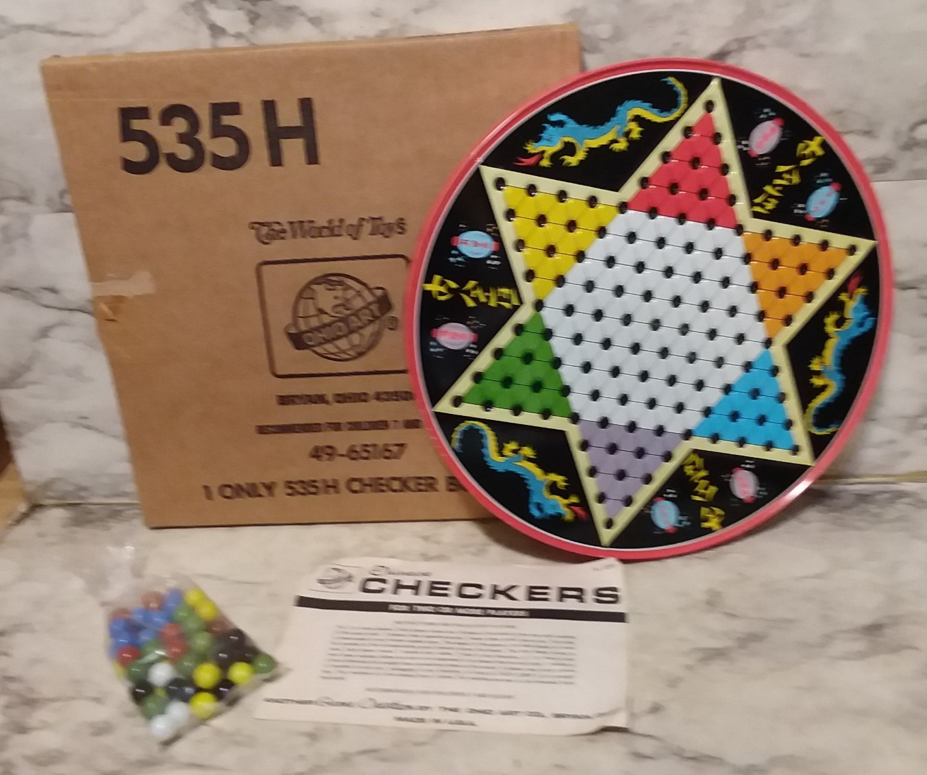 Vntg OHIO ART 12″ Tin Litho CHINESE CHECKERS #535H Board Game w/ Marbles & Box