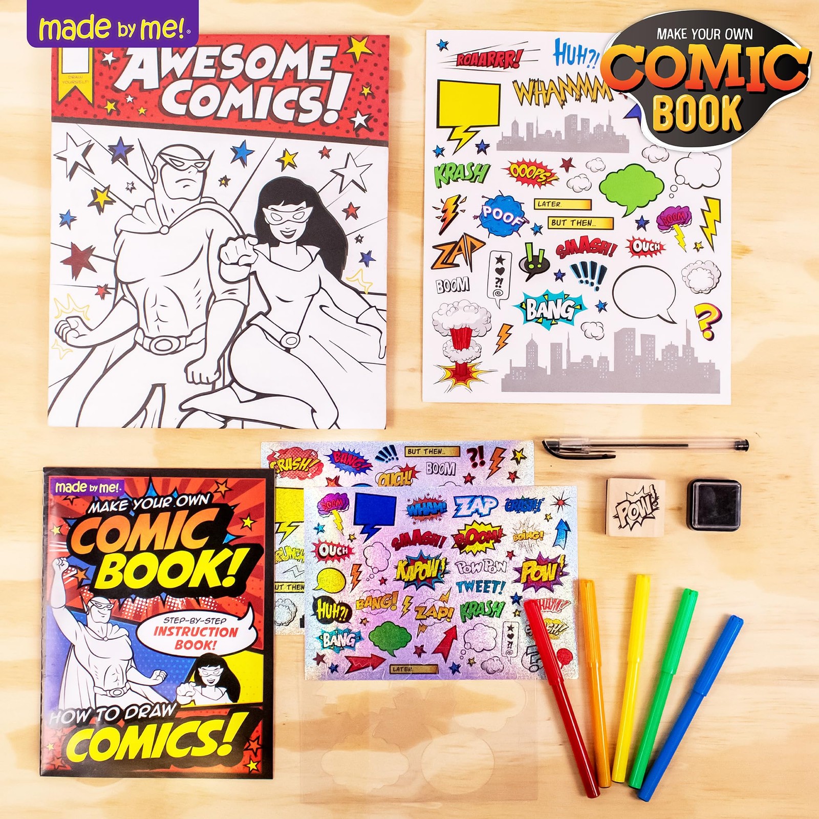Comic Book Kit Kids 15 Page Hardcover Drawing Guide Stickers Markers Make How-to
